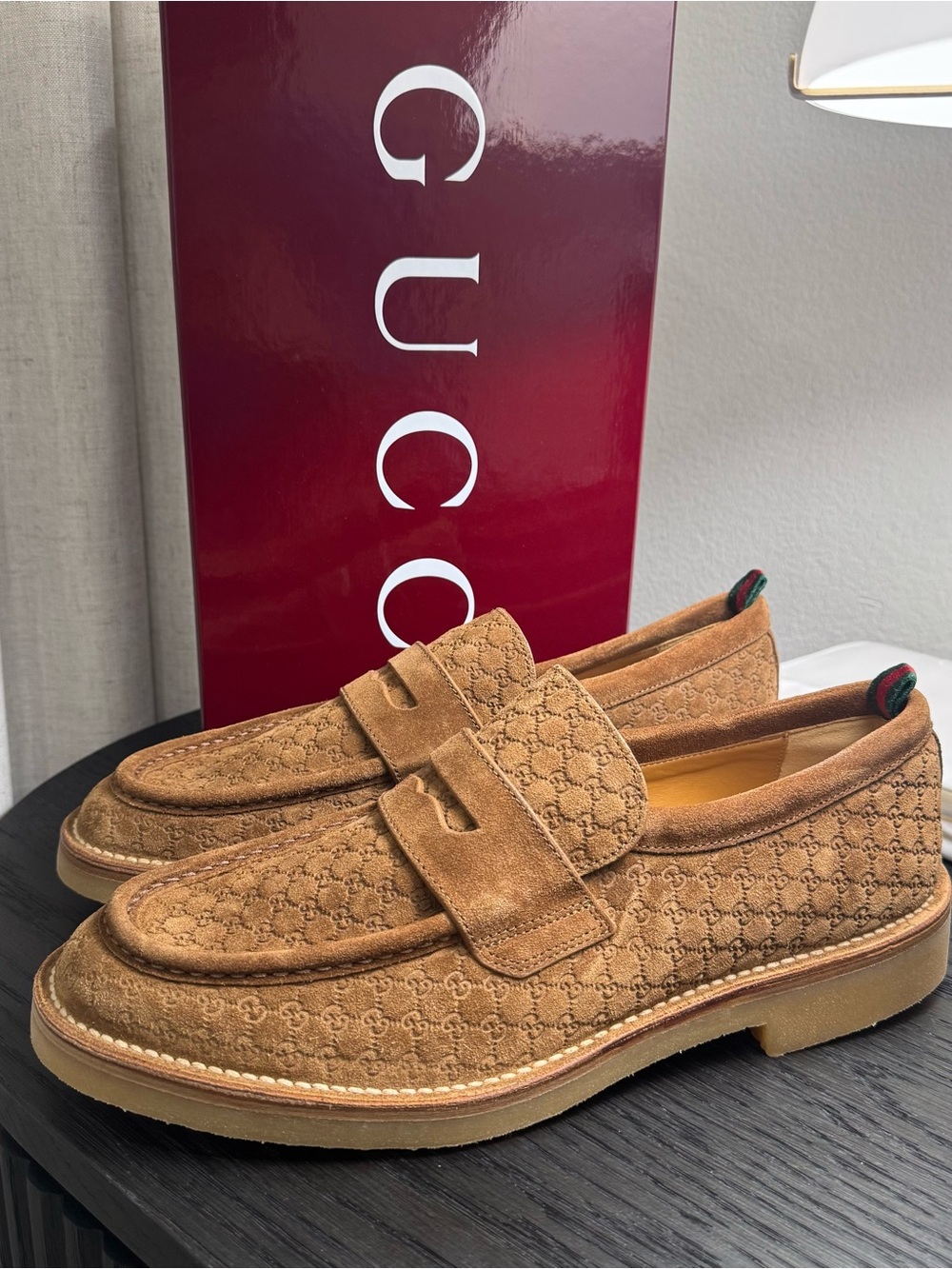 Gucci Moreau GG Monogram Penny Loafers Brown Suede 12